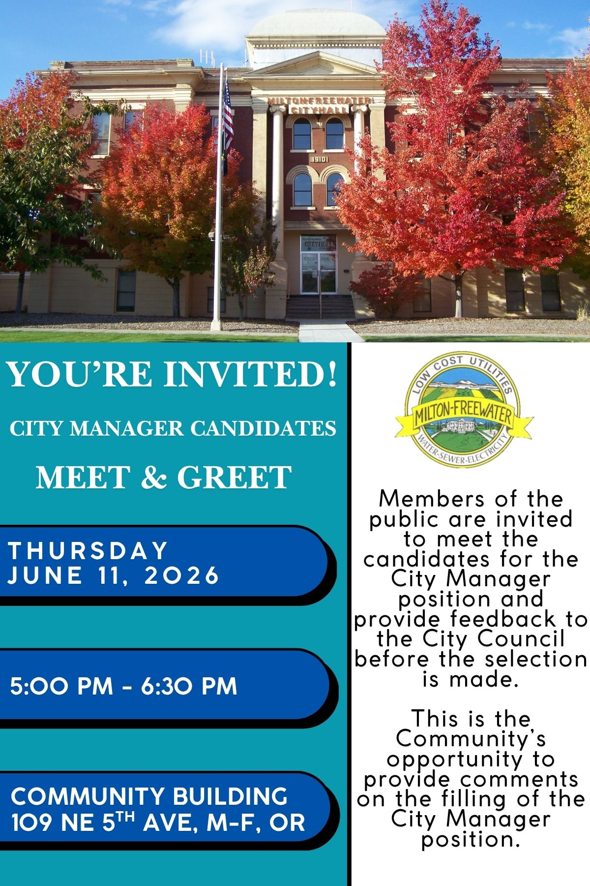City Manager Candidate Meet and Greet - June 11, 2026 5:00 p.m. - 6:30 p.m.