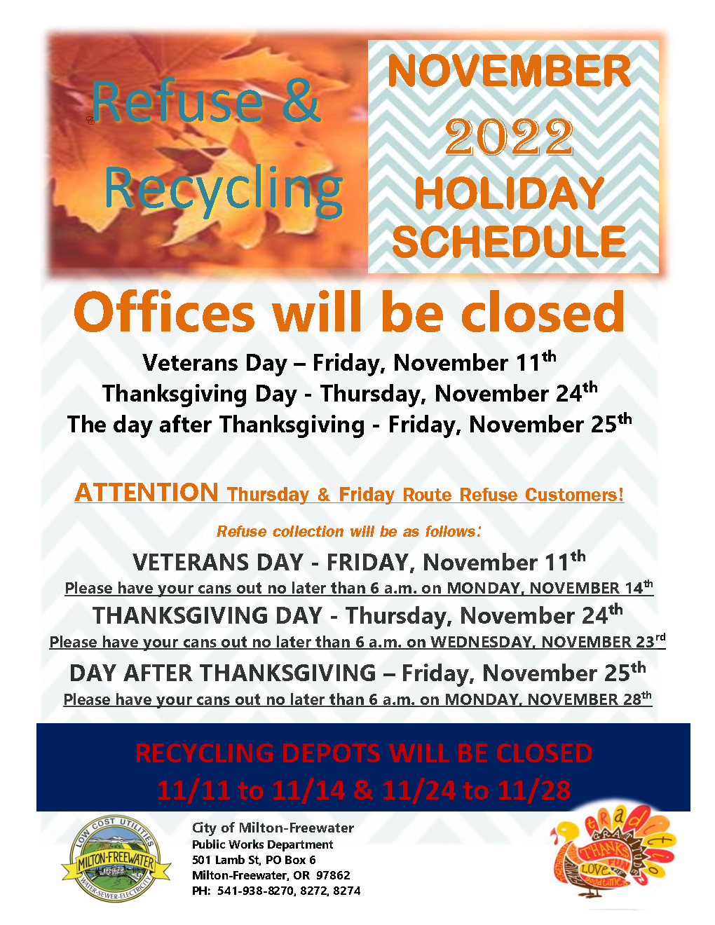 November 2022 Holiday Refuse Schedule